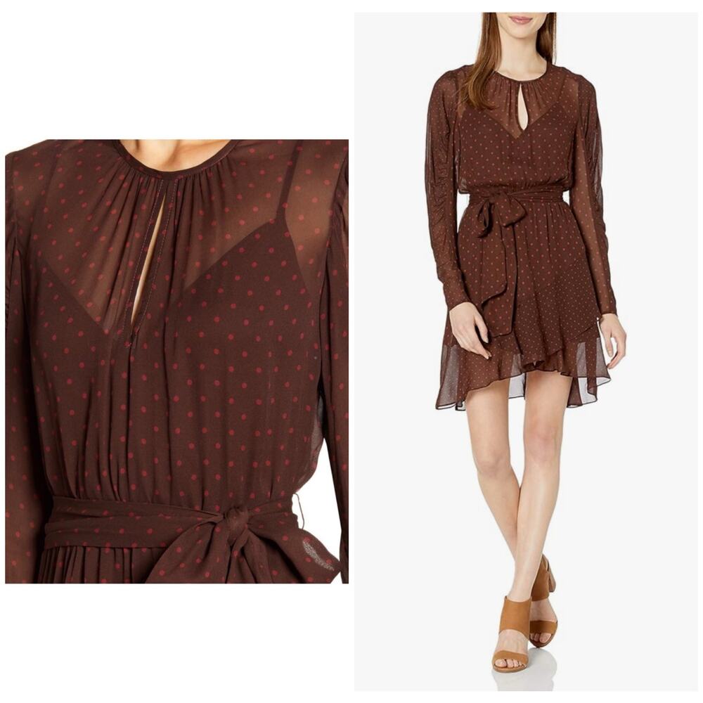NWT Bailey 44 Candace Dress Size 0 Brown Polka Dot Puff Sleeve Chiffon Revolve